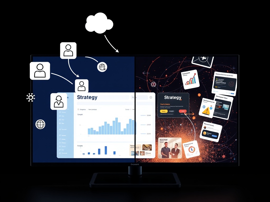 Split screen showing “customer thoughts” as floating icons, arrows connecting to “strategy” dashboard, final glow transforming into “powerful ads” cards, modern minimal style, no logos.