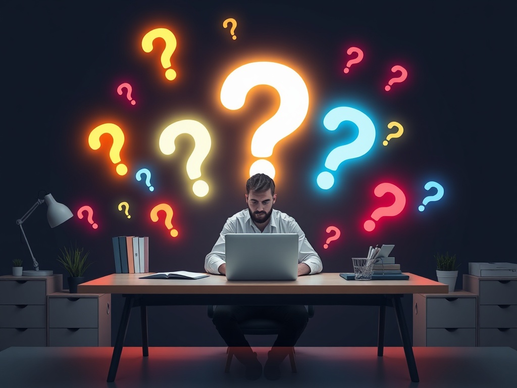 A focused entrepreneur at a desk surrounded by glowing question marks, emotion colors, and puzzle pieces merging into a clear roadmap; modern, minimal, Dutch vibe, social-ad theme.