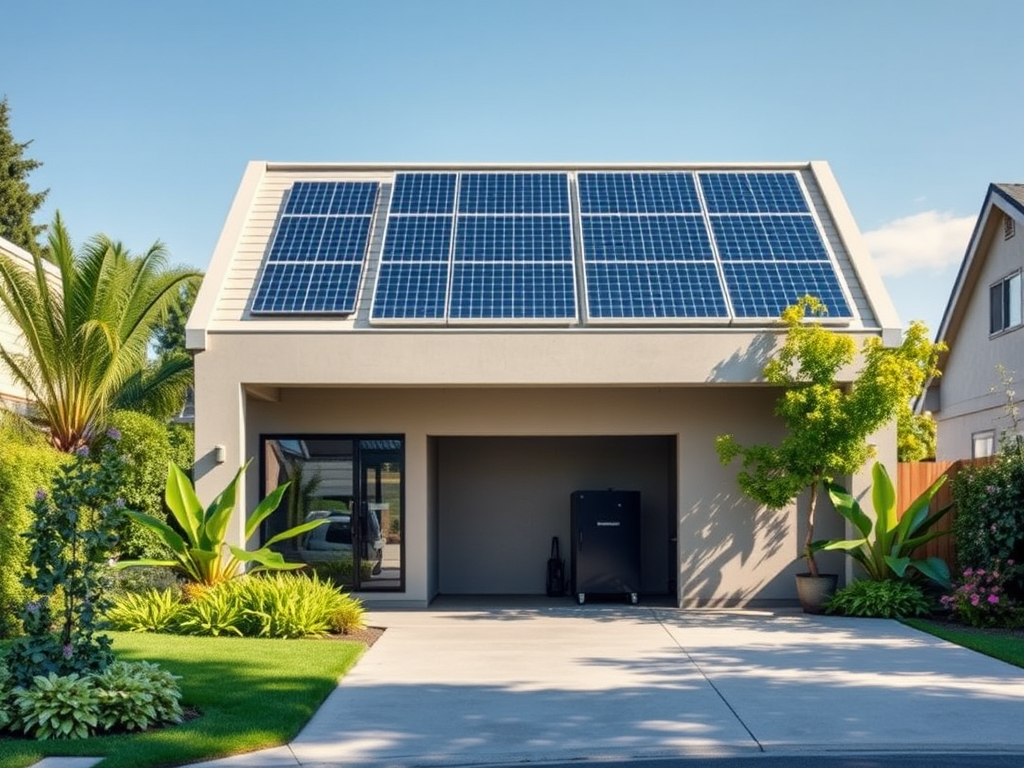 Een modern huis met zonnepanelen en groene omgeving.
