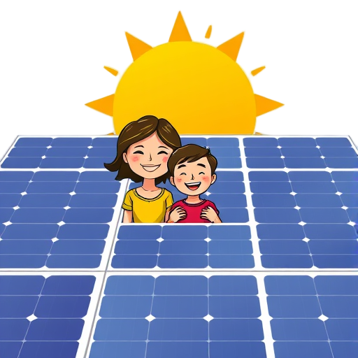 Vrolijke familie met zonnepanelen en zon.
