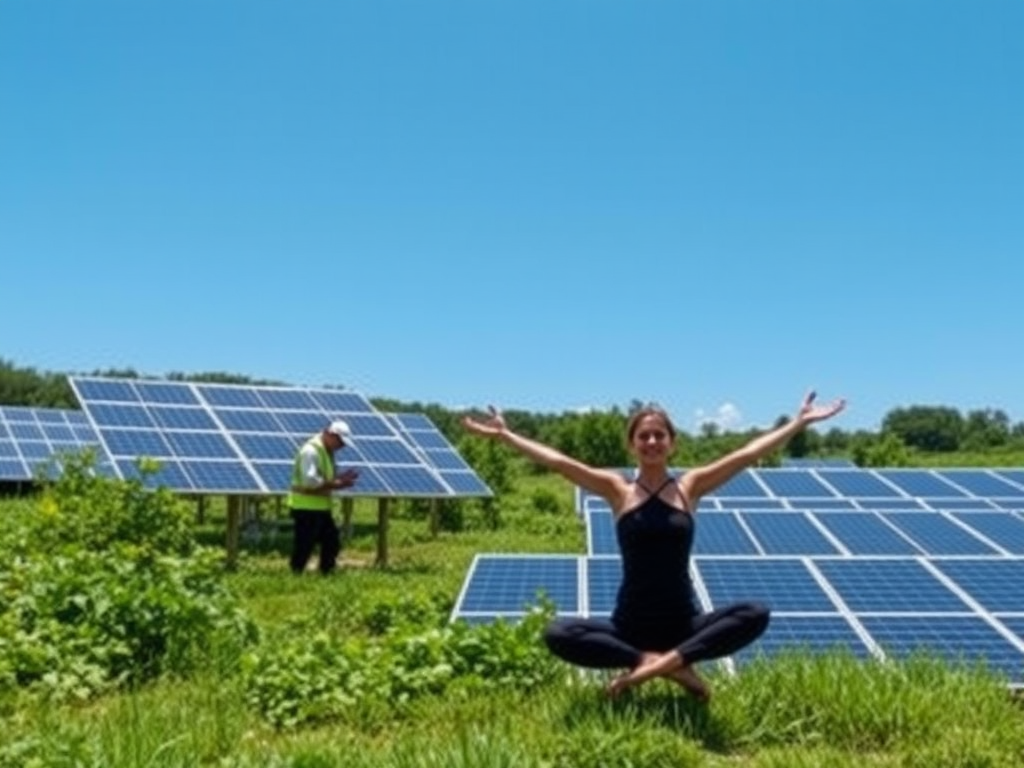 Technicus bij zonnepanelen, yogabeoefenaar in het gras.