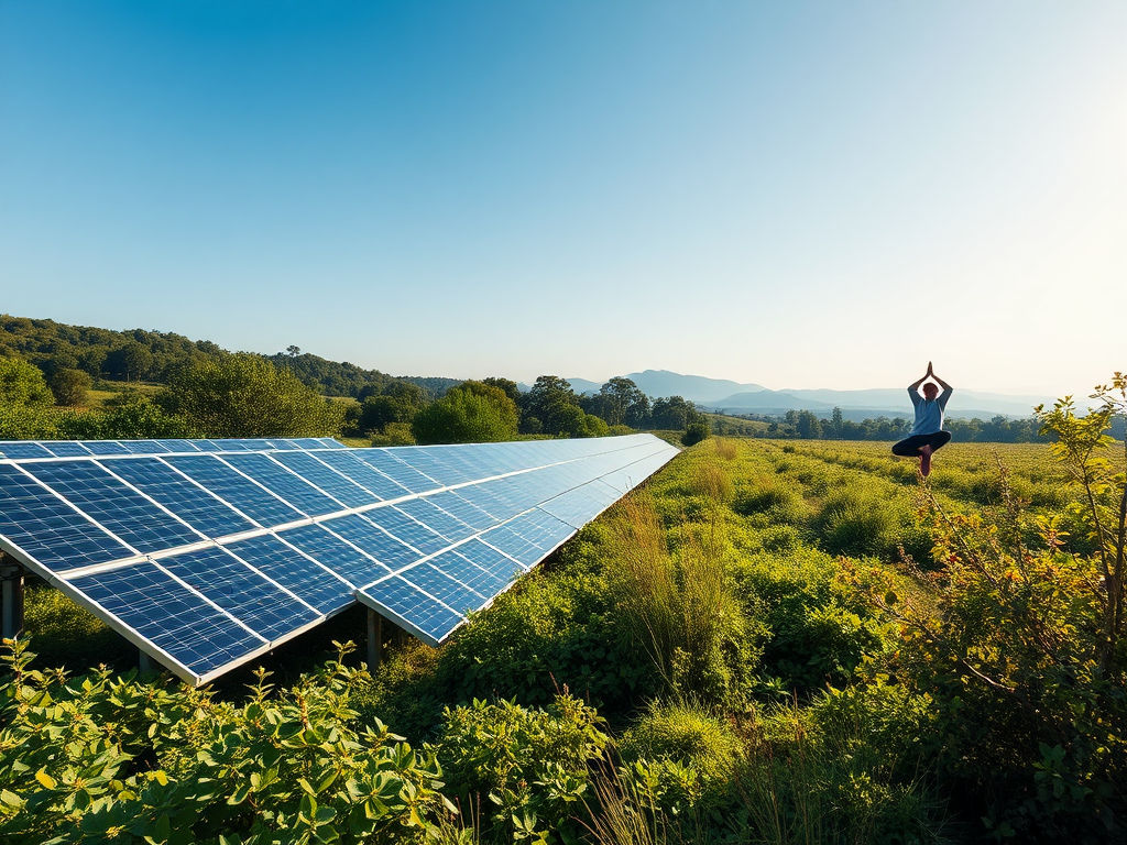Een serene omgeving met zonnepanelen en iemand die yoga beoefent.
