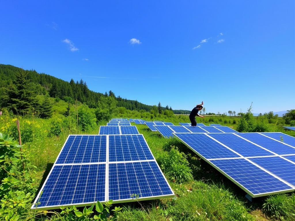 Een technicus werkt aan zonnepanelen in een groene omgeving.