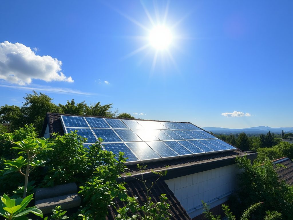 Een rustig dak met zonnepanelen, omringd door groen.
