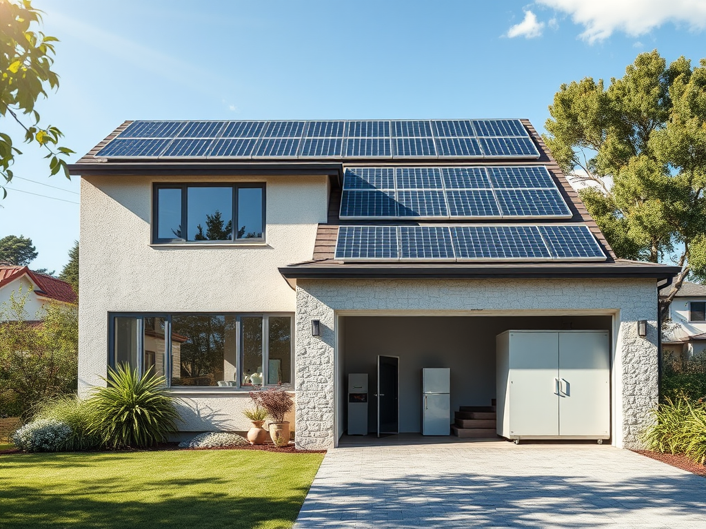 Een modern huis met zonnepanelen en een garage.