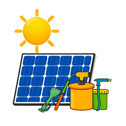 Zon, zonnepanelen en schoonmaakgereedschap.