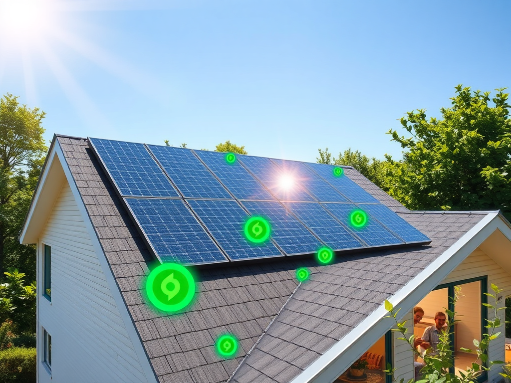 "A modern house roof covered with sleek solar panels under bright sunlight" "Green energy icons glowing softly around the panels" "A happy family enjoying energy-efficient home appliances inside" "Lush garden and clear blue sky in background"