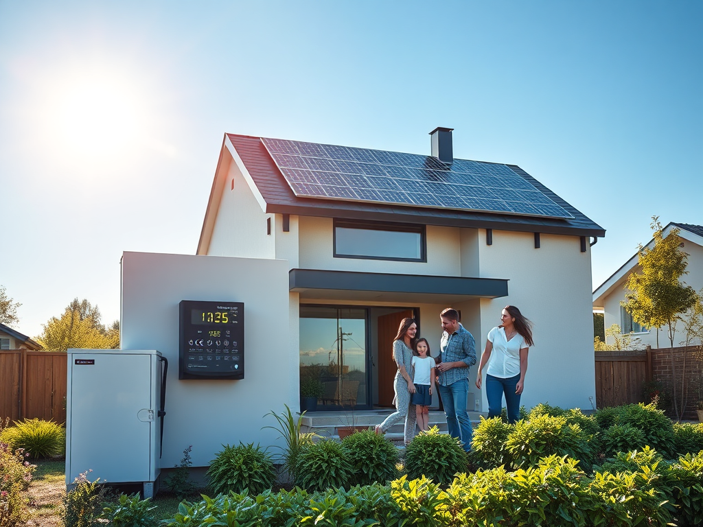 "modern house with solar panels on roof" "digital energy meter display glowing" "battery storage unit beside house" "sun shining brightly in blue sky" "family happily using energy-efficient appliances" "green garden with flourishing plants"