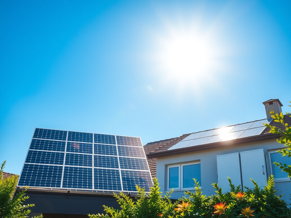 "A bright solar panel array under a clear blue sky" "a sleek home battery storage unit beside the panels" "an elegant energy meter glowing softly" "sunlight reflecting off modern rooftops" "vibrant greenery surrounding the eco-friendly house".
