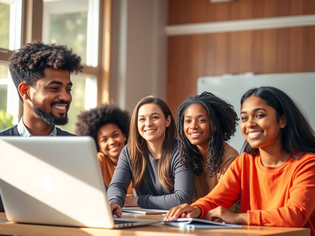 "diverse students" "modern online classroom interface hovering" "warm inviting colors" "light streaming through windows" "icons of knowledge subtly glowing"