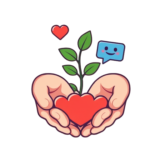 "two hands" "connected hearts" "growing plant" "online chat bubbles" "calm faces"