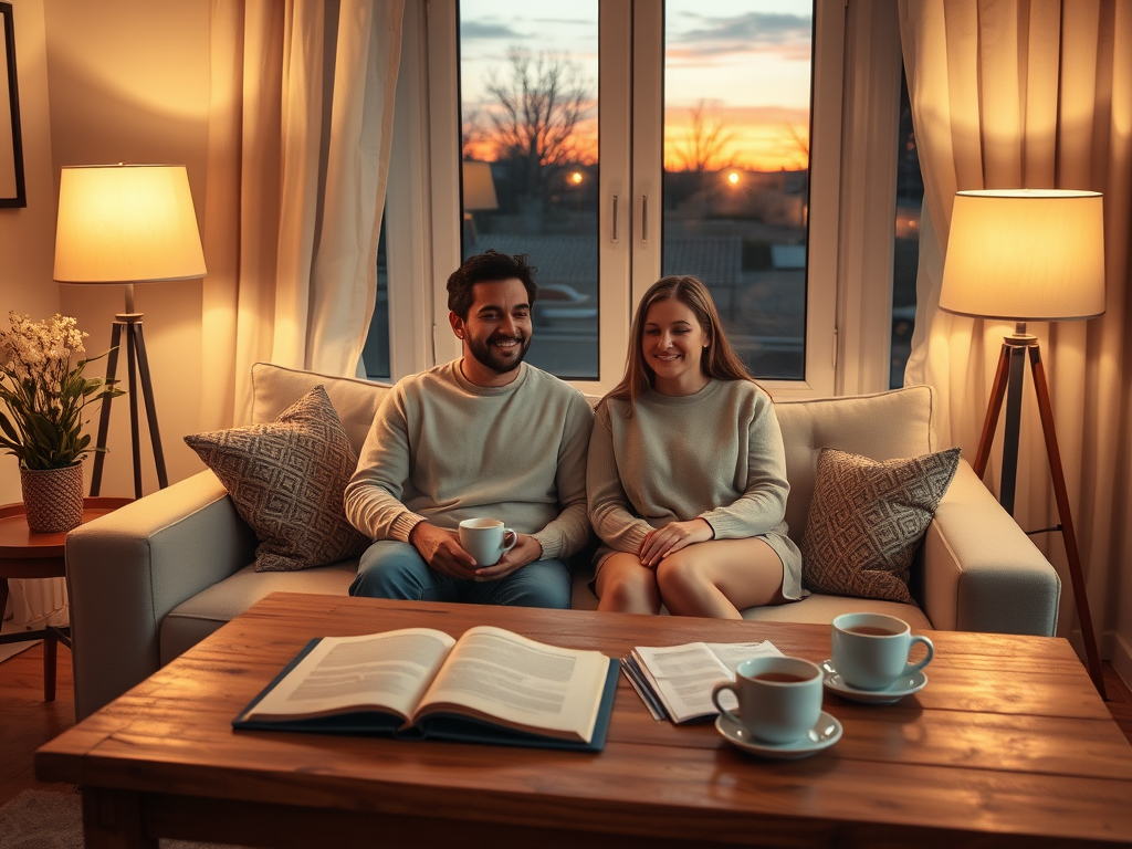 A warm, cozy living room with "two people sitting closely on a sofa," "soft glowing lamps," "peaceful expressions," "open notebooks and coffee cups on a wooden table," "window showing sunset outside."