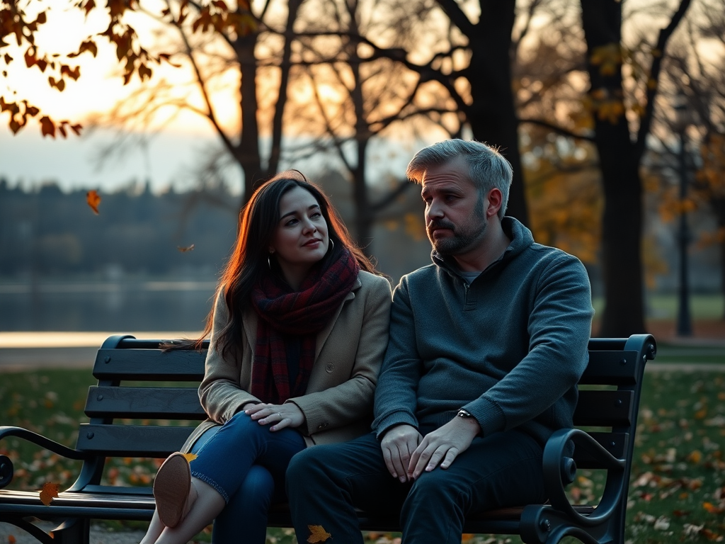 "a couple sitting on a park bench at sunset" "soft warm light illuminating their thoughtful faces" "gentle autumn leaves falling around" "subtle expressions of doubt and hope" "peaceful natural background with trees and a calm lake"