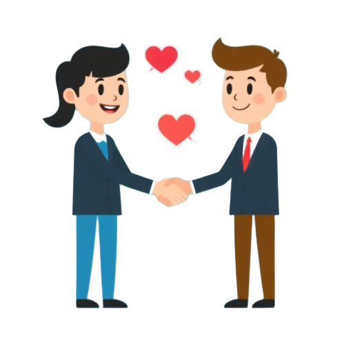 "two people" "heart connection" "speech bubbles" "step by step" "calm faces" "handshake"