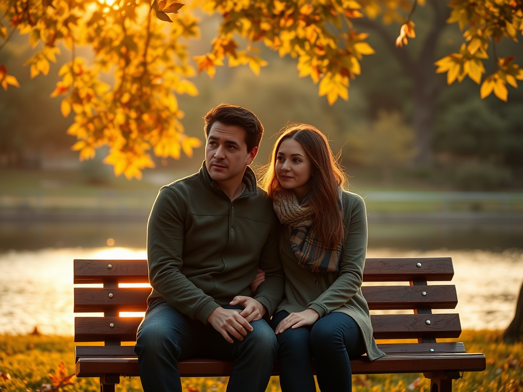 "a couple sitting on a park bench at sunset" "soft warm light illuminating their thoughtful faces" "gentle autumn leaves falling around" "subtle expressions of doubt and hope" "peaceful natural background with trees and a calm lake"