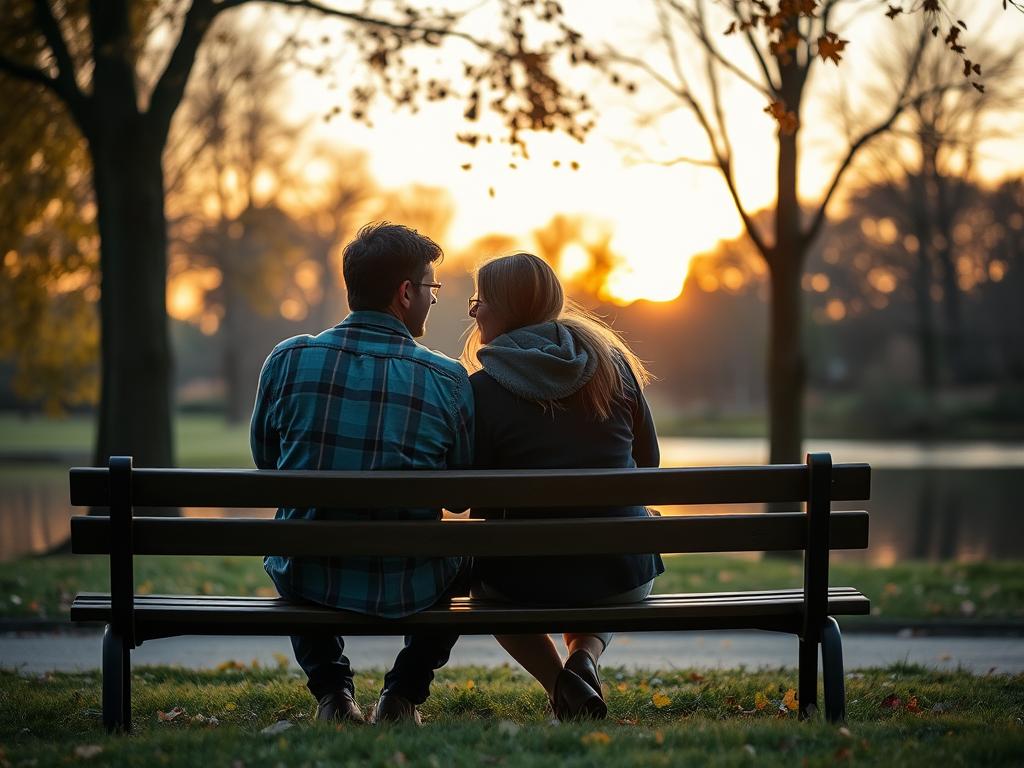 "a couple sitting on a park bench at sunset" "soft warm light illuminating their thoughtful faces" "gentle autumn leaves falling around" "subtle expressions of doubt and hope" "peaceful natural background with trees and a calm lake"