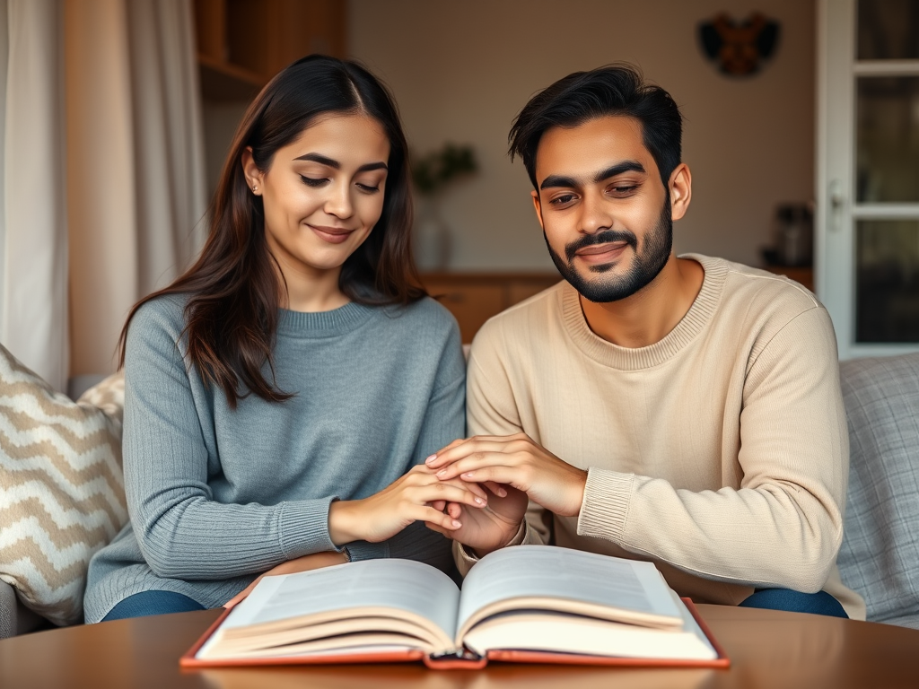 "two people sitting calmly together" "warm soft lighting" "open book on table" "peaceful expressions" "gentle hands touching" "cozy home environment" "soothing colors like beige and light blue"