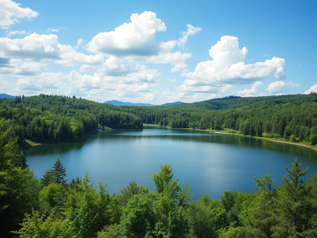 Rustig meer omringd door groene bossen en blauwe lucht.