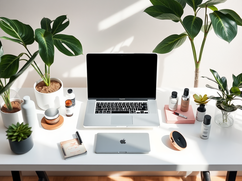 Stijlvolle bureau met laptop en huidverzorgingsproducten.