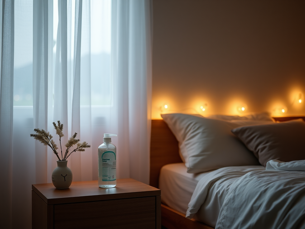 Een serene slaapkamer met zachte verlichting en een nachtkastje.