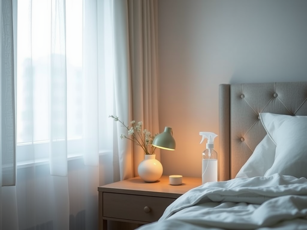 Rustige slaapkamer met zacht licht en een sprayfles.