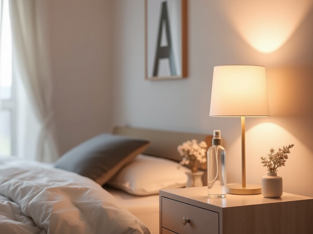 Rustige slaapkamer met zacht licht en een sprayfles.