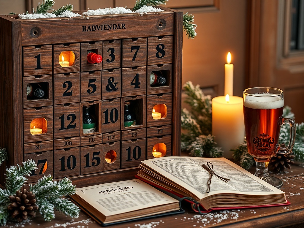 "rustic wooden Advent calendar" "24 numbered compartments with craft beer bottles" "warm candlelight" "snow-dusted evergreen branches" "antique storybook beside a poured amber beer" "cozy winter table"