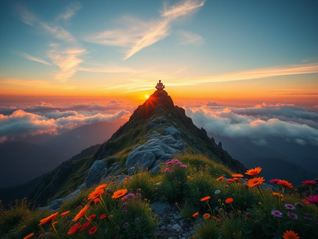 Een meditatiefiguur op een bergtop bij zonsopgang.