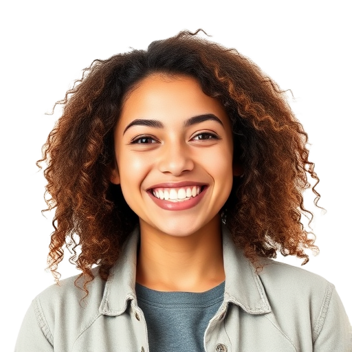 Een persoon met krullend haar glimlacht naar de camera.