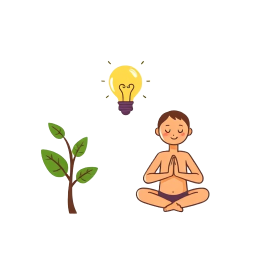Een groeiende boom, een lamp en een mediterende persoon.