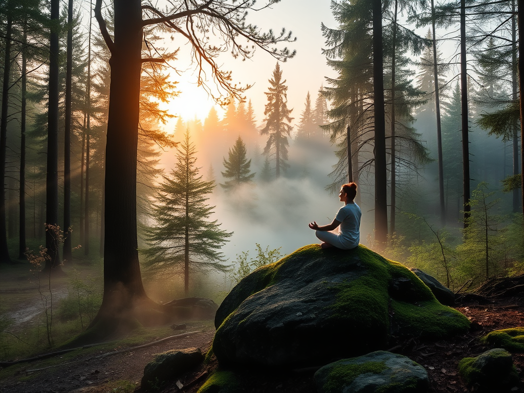 Een persoon die mediteert op een mosrijke rots in een mistige bosomgeving bij zonsopgang.
