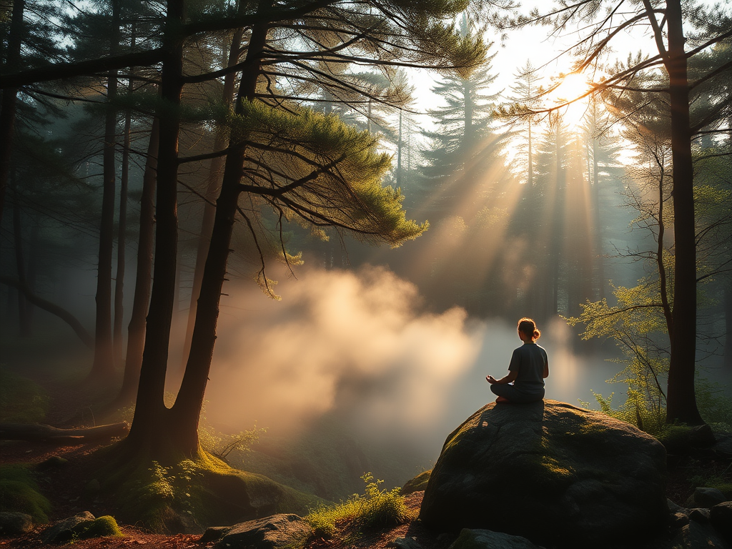 Een rustige bosweide bij zonsopgang met mist.