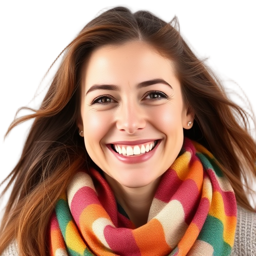 Een lachende persoon met een kleurrijke sjaal.