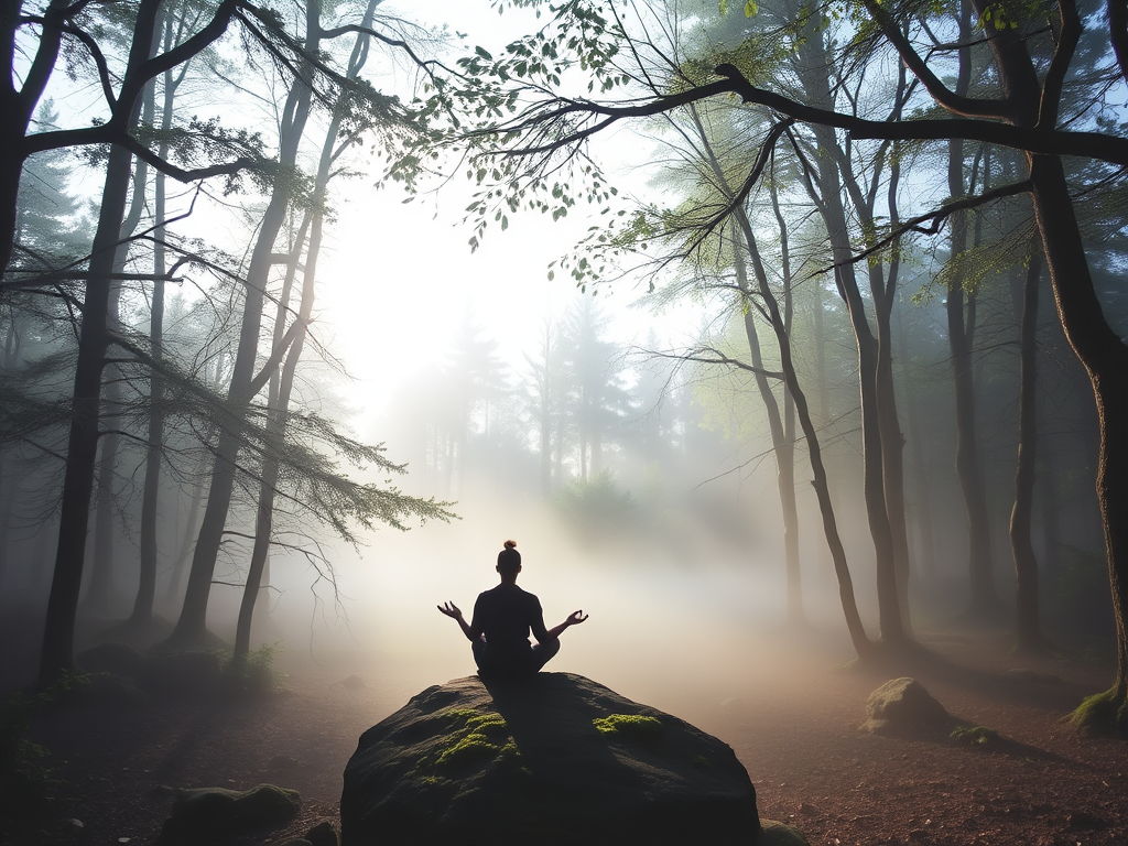 Een persoon mediteert op een steen in een mistig bos.
