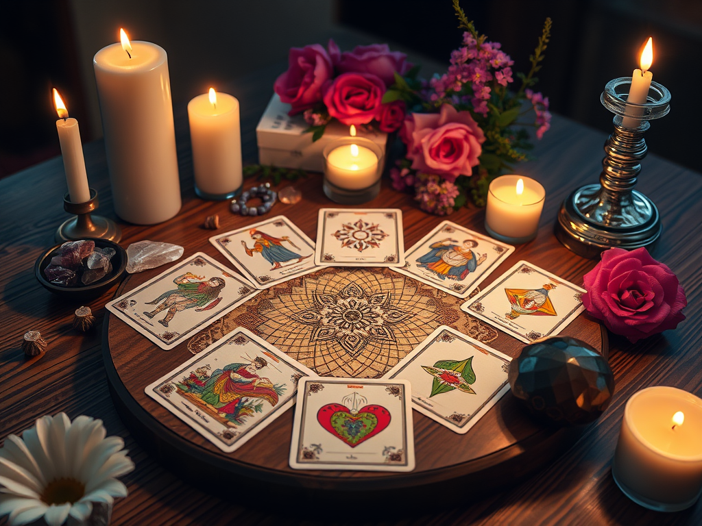 Een mystieke tarotkaart verspreiding op een houten tafel met kaarsen.