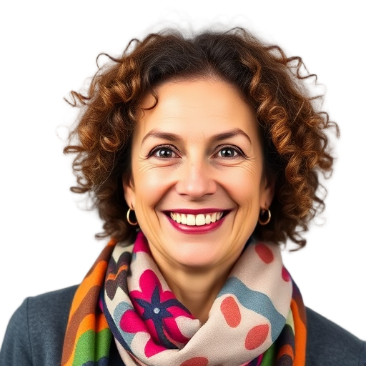 Een persoon met krullend haar die naar de camera lacht.