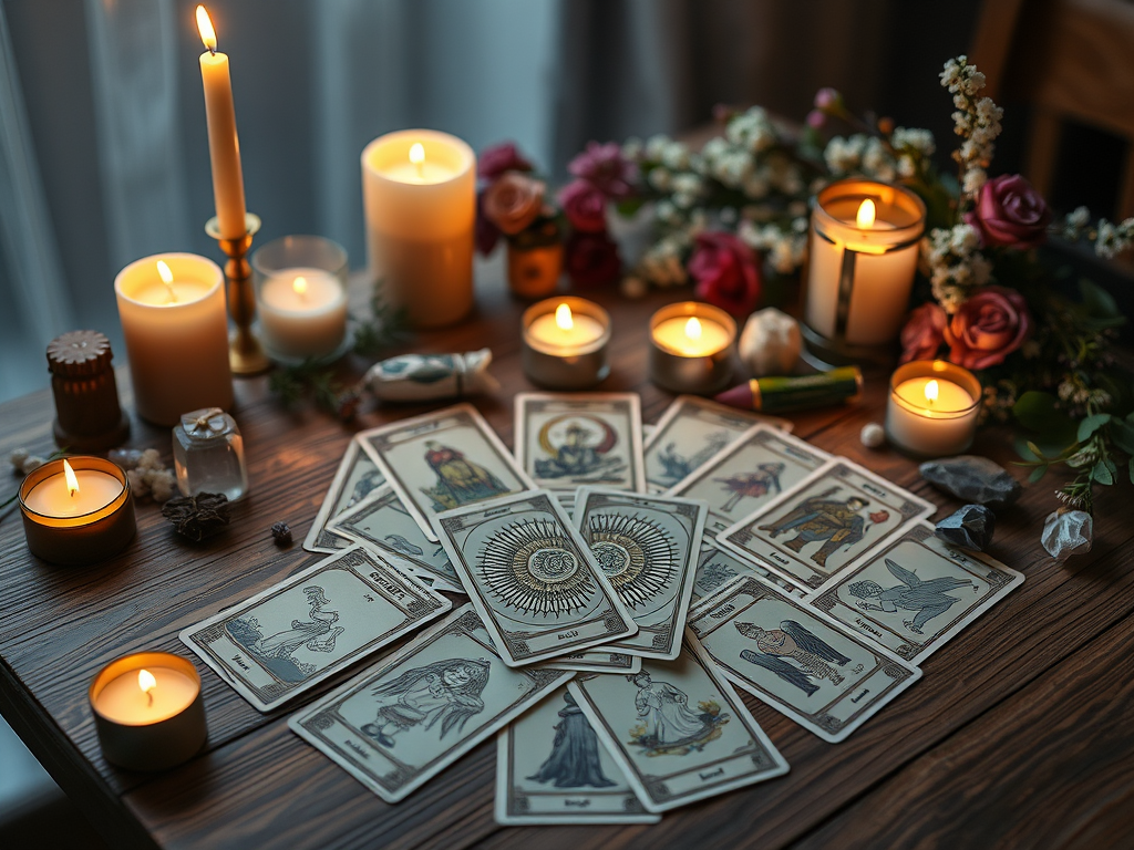 Een mystieke tarotkaartenspread op een houten tafel.