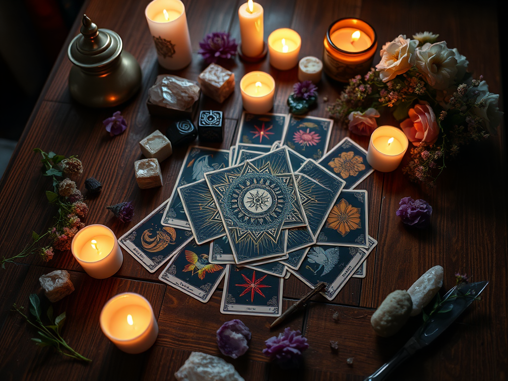 Een mystieke tarotkaart verspreid met kaarsen en kristallen.