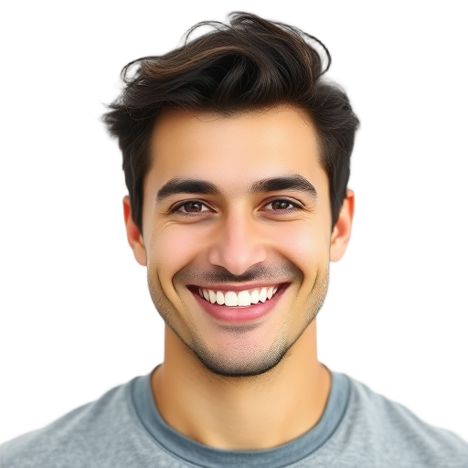 A confident man smiling warmly to the camera with a clean white background looking like