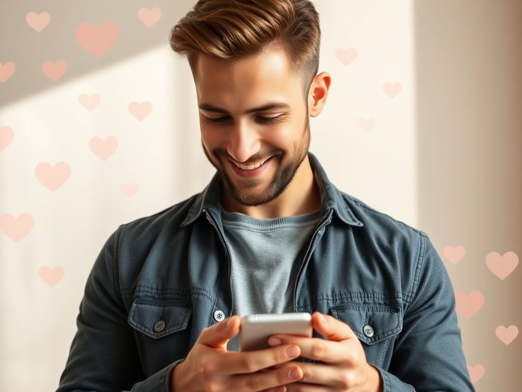 "a confident single man" "looking thoughtfully at a smartphone" "soft natural lighting" "background filled with subtle hearts and chat bubbles" "warm, inviting colors" "casual stylish clothing" "gentle smile showing authenticity"