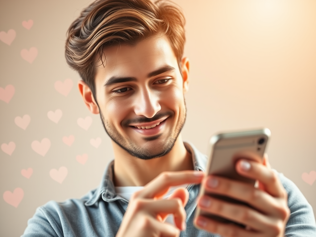 "a confident single man" "looking thoughtfully at a smartphone" "soft natural lighting" "background filled with subtle hearts and chat bubbles" "warm, inviting colors" "casual stylish clothing" "gentle smile showing authenticity"