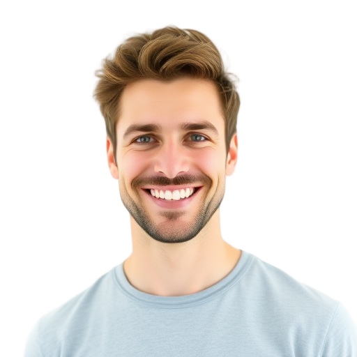 A confident man smiling to the camera with a white background looking like