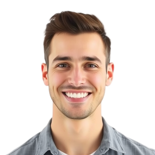 A confident man smiling warmly to the camera with a clean white background looking like