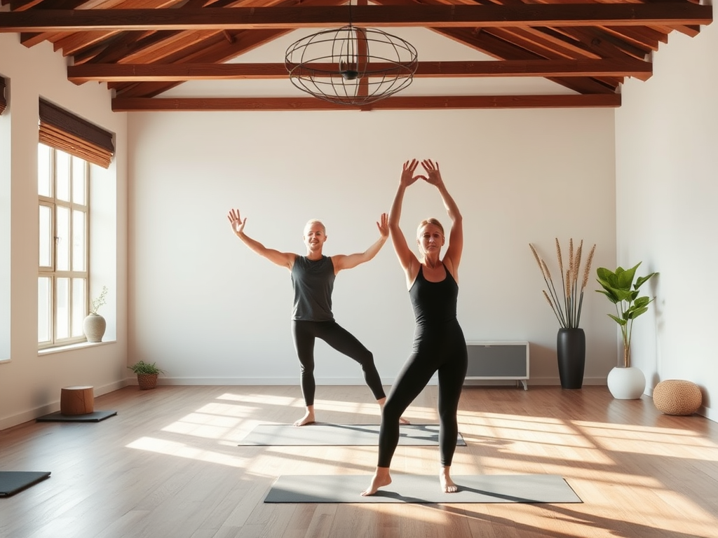 Rustige yoga studio met twee mensen in poses, natuurlijk licht.