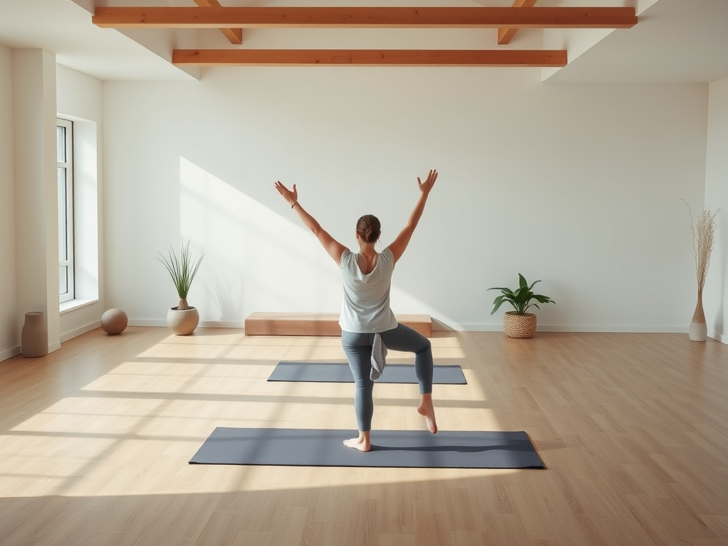 Rustige yoga studio met instructeur in pose, natuurlijk licht en minimalistische decoratie