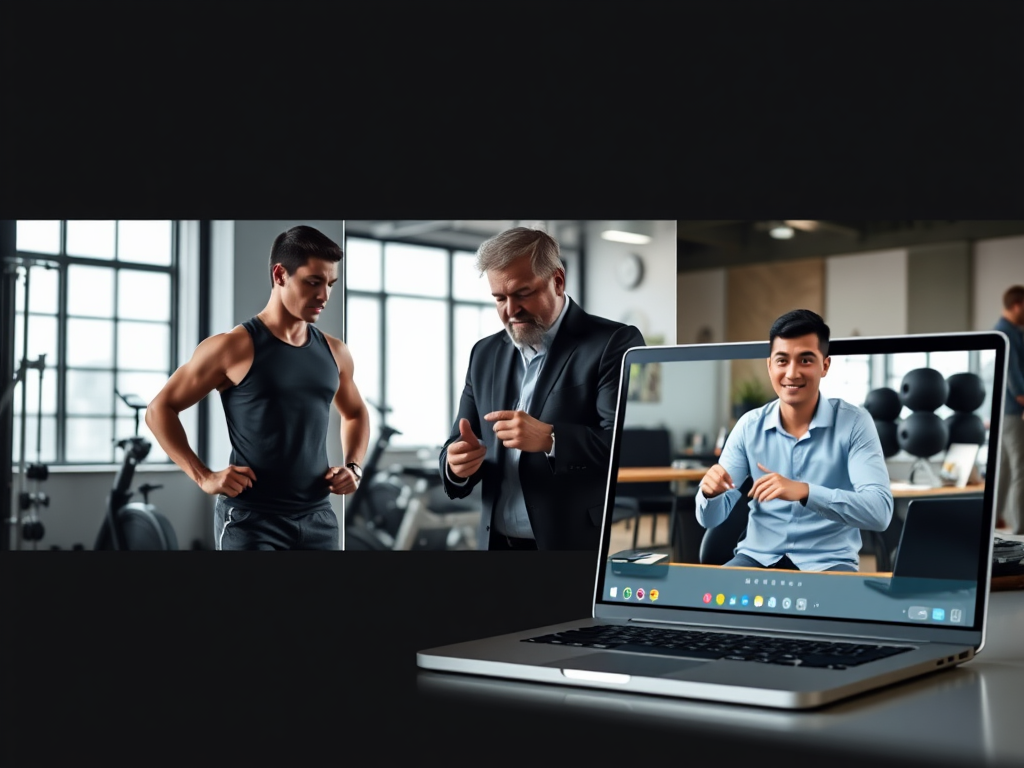 "three distinct scenes" "athlete growing stronger in a gym" "coach guiding an entrepreneur during a meeting" "virtual online coaching session on a laptop screen" "dynamic, motivational atmosphere"