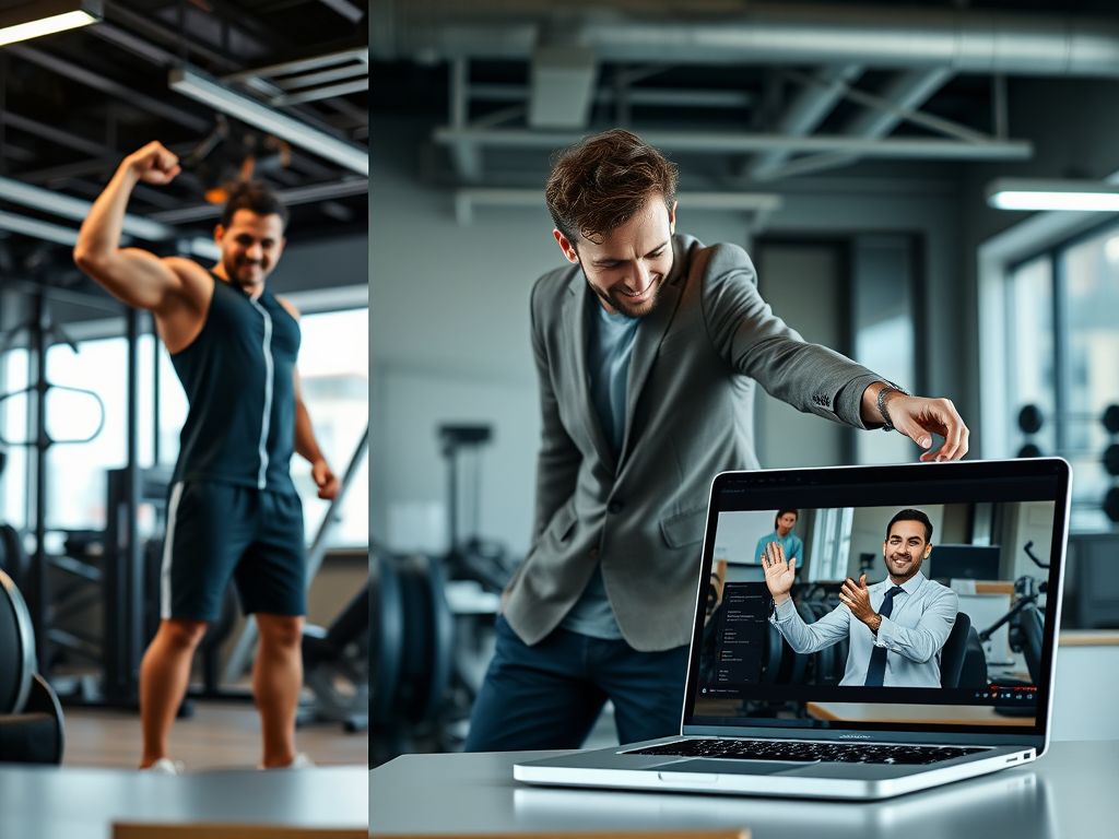"three distinct scenes" "athlete growing stronger in a gym" "coach guiding an entrepreneur during a meeting" "virtual online coaching session on a laptop screen" "dynamic, motivational atmosphere"