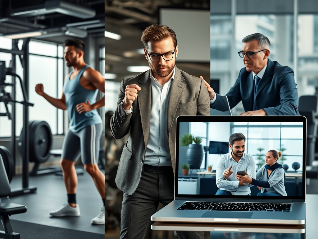 "three distinct scenes" "athlete growing stronger in a gym" "coach guiding an entrepreneur during a meeting" "virtual online coaching session on a laptop screen" "dynamic, motivational atmosphere"