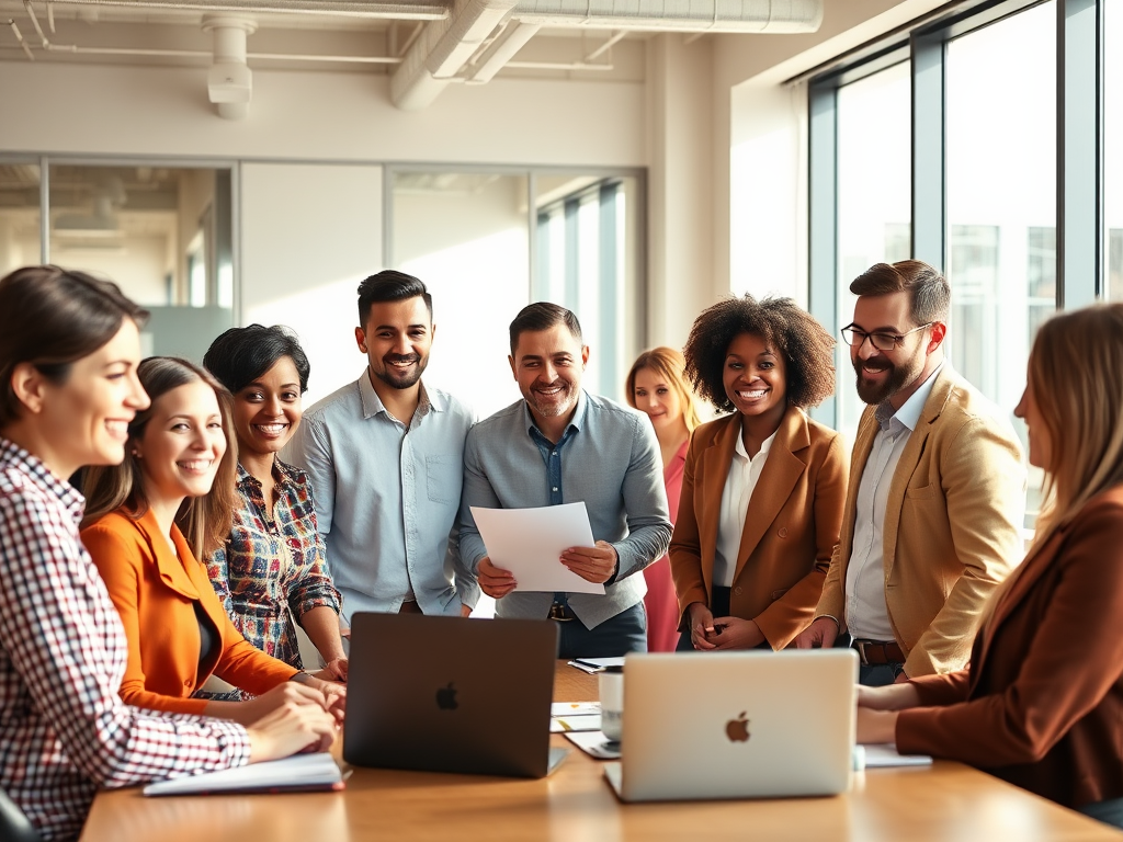 A diverse group of confident business people in a bright modern office, engaging in focused coaching sessions, charts and laptops visible, warm natural light.