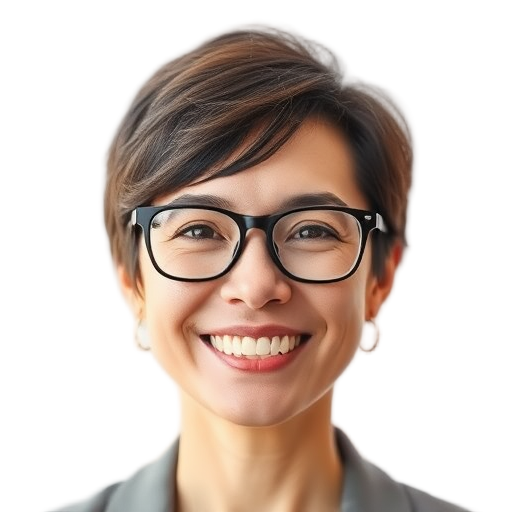 A smiling person with short hair and glasses, white background, professional yet approachable, warm lighting, confident expression.